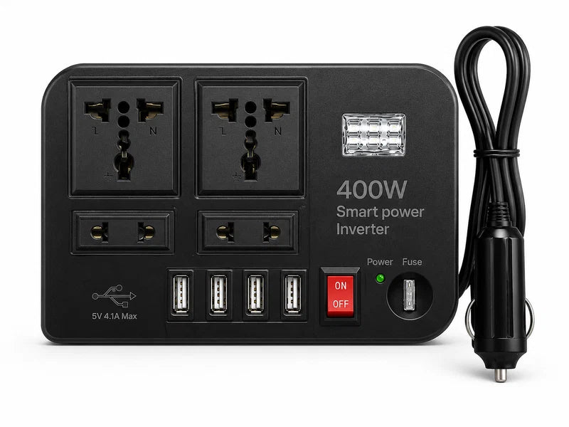 Multi-Port Smart Power Inverter – DC 12V to AC Car Adapter with Fast-Charging USB & Type-C Ports